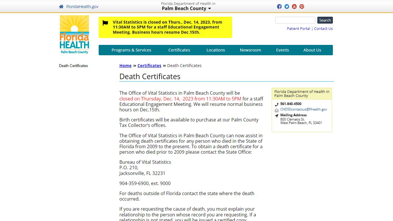 Death Certificates | Florida Department of Health in Palm Beach